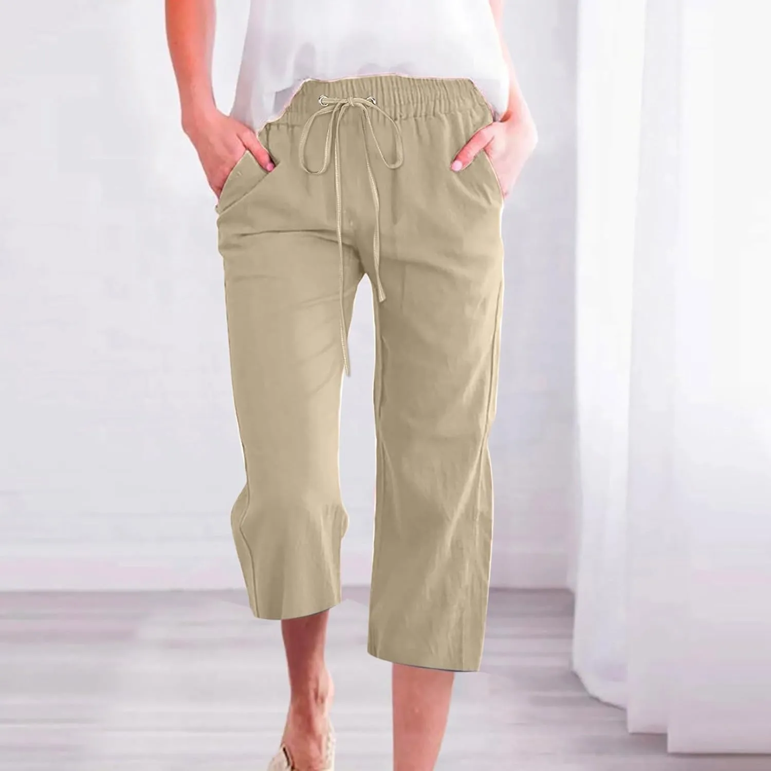 Womens Capri Linen Pants Summer 2025 Casual Drawstring High Waisted Straight Wide Leg Travel Dressy Cropped Trousers