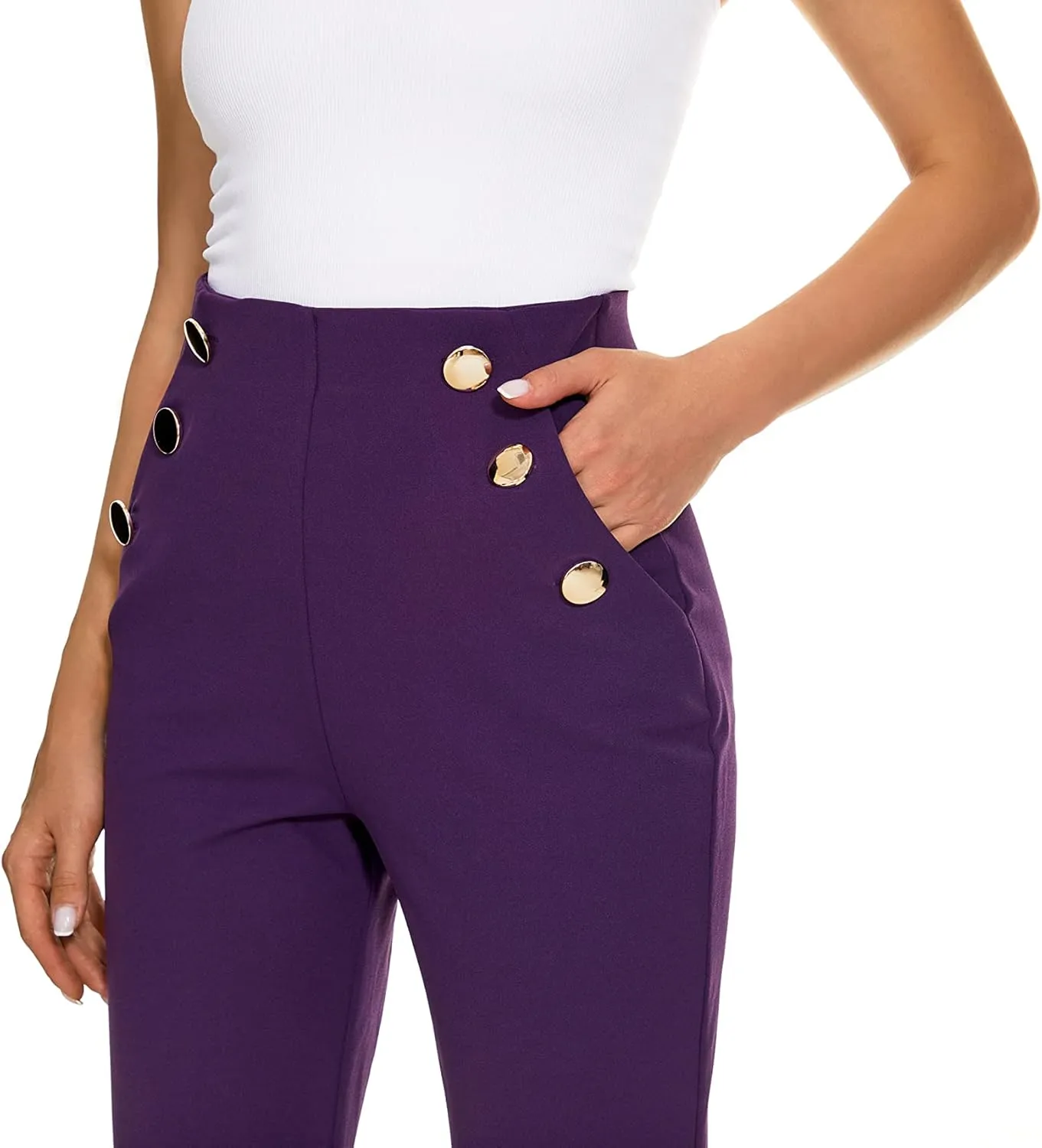 Women's Casual High Waisted Ankle Cropped Pants Elastic Waistband Slant Pockets with Metal Buttons