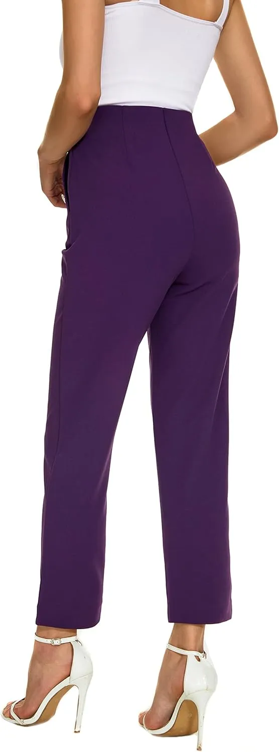 Women's Casual High Waisted Ankle Cropped Pants Elastic Waistband Slant Pockets with Metal Buttons