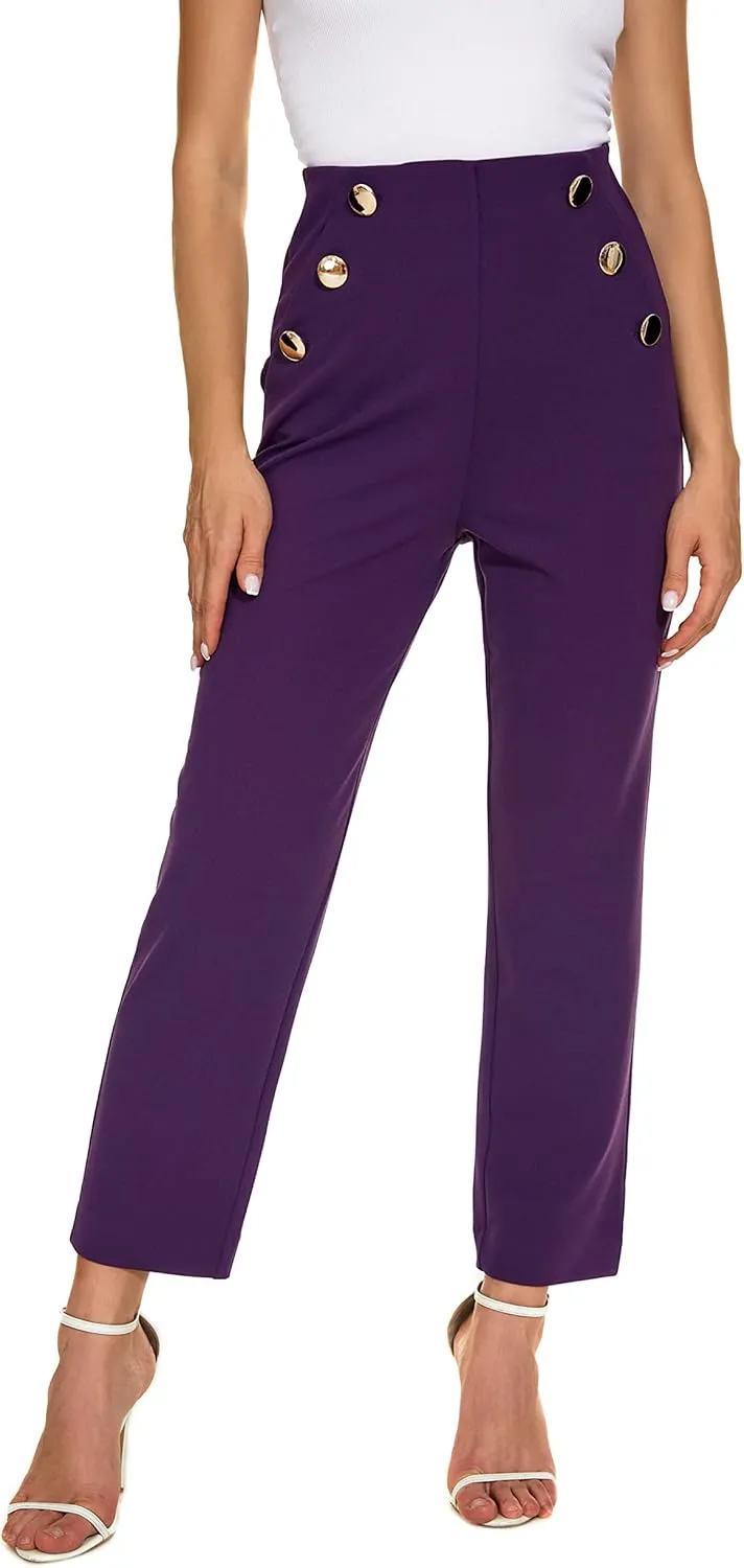 Women's Casual High Waisted Ankle Cropped Pants Elastic Waistband Slant Pockets with Metal Buttons