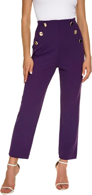 Women's Casual High Waisted Ankle Cropped Pants Elastic Waistband Slant Pockets with Metal Buttons
