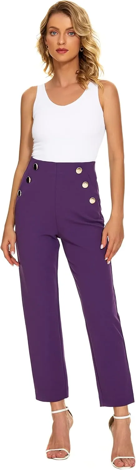 Women's Casual High Waisted Ankle Cropped Pants Elastic Waistband Slant Pockets with Metal Buttons