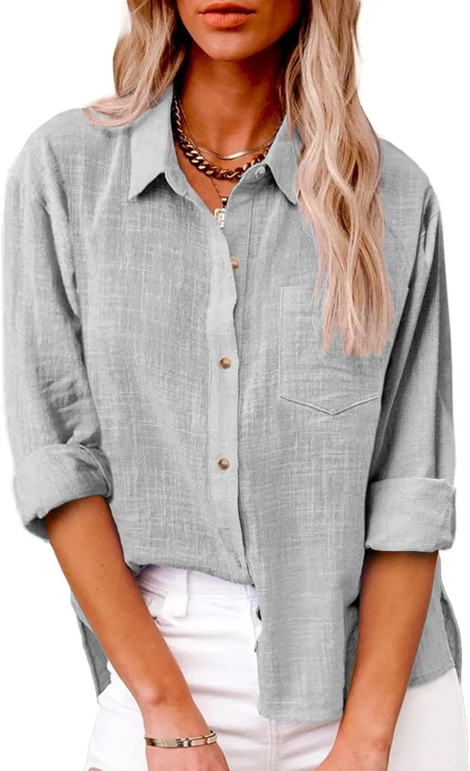 Womens Cotton Linen Button Down Shirts Long Sleeve Collared Gauze Tops Business Casual Blouses Loose Summer Tshirts