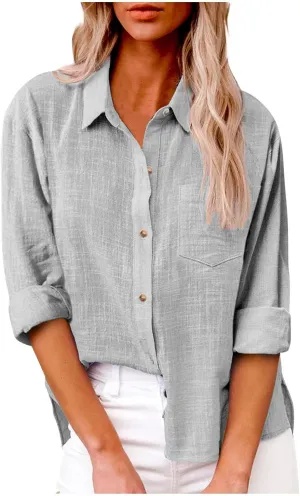 Womens Cotton Linen Button Down Shirts Long Sleeve Collared Gauze Tops Business Casual Blouses Loose Summer Tshirts