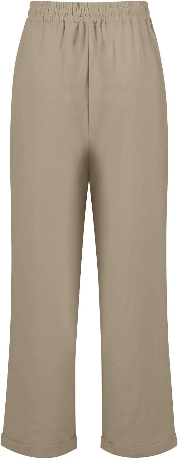 Womens Cotton Linen Cropped Pants 2025 Summer Lounge High Waisted Stretch Capris Drawstring Trousers with Pocket