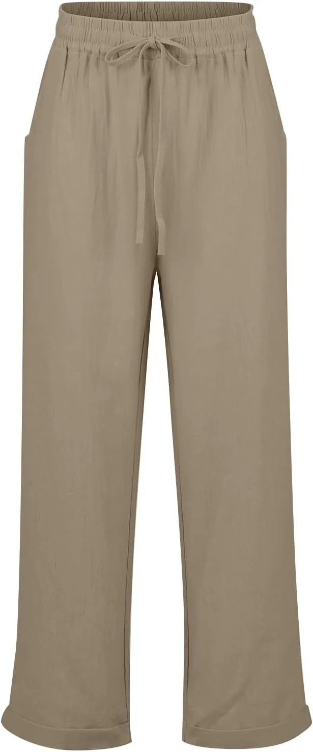 Womens Cotton Linen Cropped Pants 2025 Summer Lounge High Waisted Stretch Capris Drawstring Trousers with Pocket