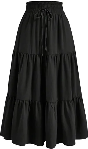 Womens Elastic High Waist Midi Skirt Flowy Ruffle Tie Front A Line Skirts Casual Summer Trendy Floral Tiered Skirt