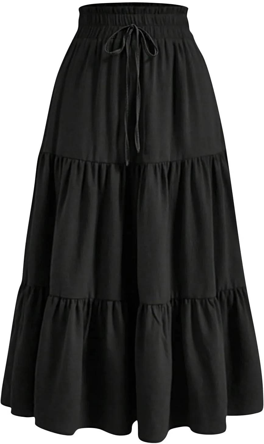 Womens Elastic High Waist Midi Skirt Flowy Ruffle Tie Front A Line Skirts Casual Summer Trendy Floral Tiered Skirt