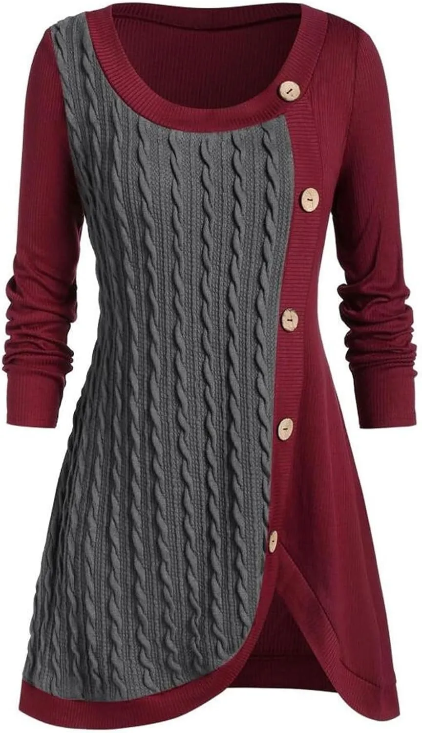 Women's Fall Winter Casual Trendy Dress Long Sleeve Crew Neck Solid Button Fleece Cable Knit Sweater Dresses, L-5XL