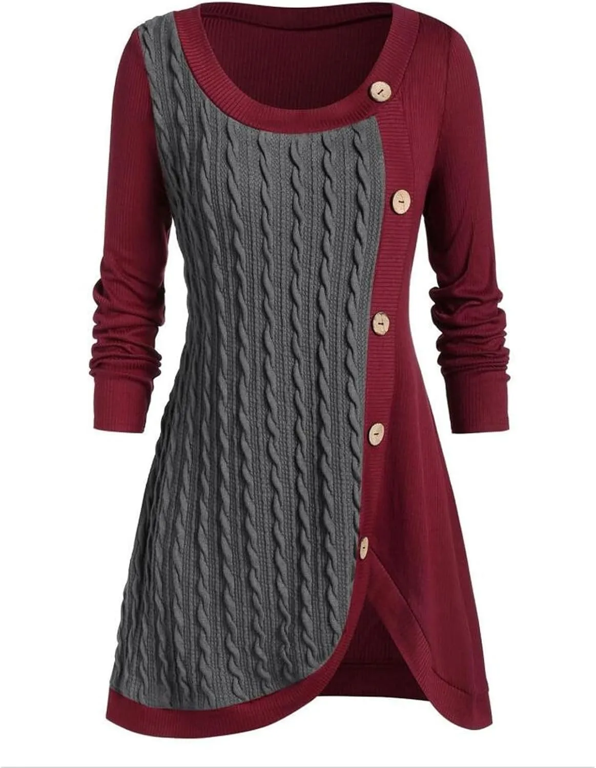 Women's Fall Winter Casual Trendy Dress Long Sleeve Crew Neck Solid Button Fleece Cable Knit Sweater Dresses, L-5XL