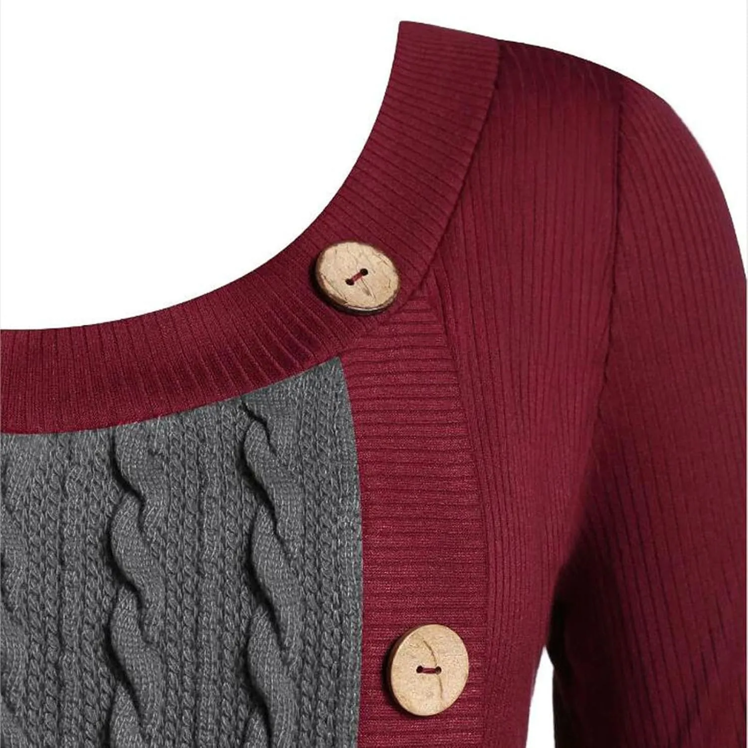 Women's Fall Winter Casual Trendy Dress Long Sleeve Crew Neck Solid Button Fleece Cable Knit Sweater Dresses, L-5XL