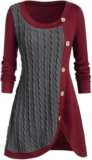 Women's Fall Winter Casual Trendy Dress Long Sleeve Crew Neck Solid Button Fleece Cable Knit Sweater Dresses, L-5XL