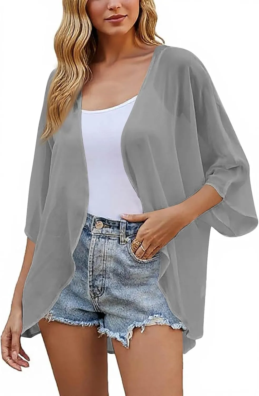 Women's Floral Print Puff Sleeve Kimono Cardigan Loose Cover Up Casual Blouse Tops