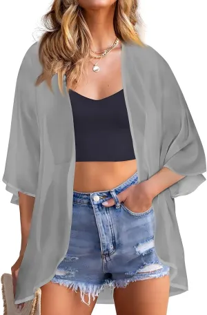 Women's Floral Print Puff Sleeve Kimono Cardigan Loose Cover Up Casual Blouse Tops