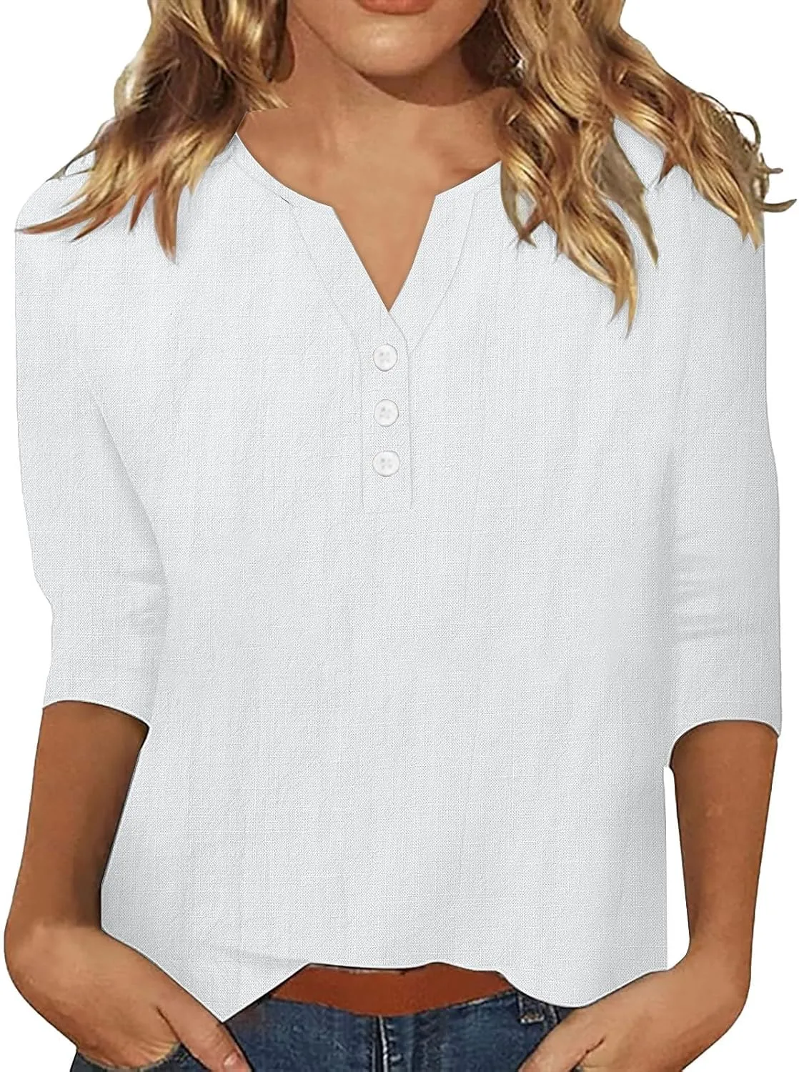 Womens Linen Shirts 3/4 Length Sleeve Linen Button Down V Neck Blouse Spring Summer Boho Shirts Travel Vacation Tops