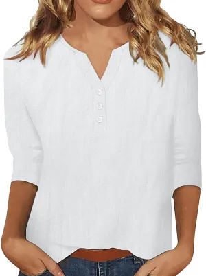 Womens Linen Shirts 3/4 Length Sleeve Linen Button Down V Neck Blouse Spring Summer Boho Shirts Travel Vacation Tops