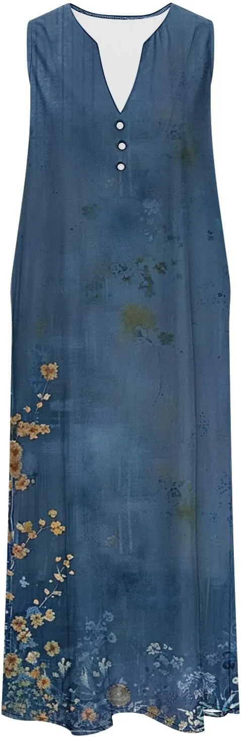 Women's Plus Size Sundress Summer Floral Print Casual Boho Midi Dress Sleeveless V-Neck Long Tank Dress with Pockets