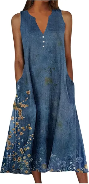 Women's Plus Size Sundress Summer Floral Print Casual Boho Midi Dress Sleeveless V-Neck Long Tank Dress with Pockets
