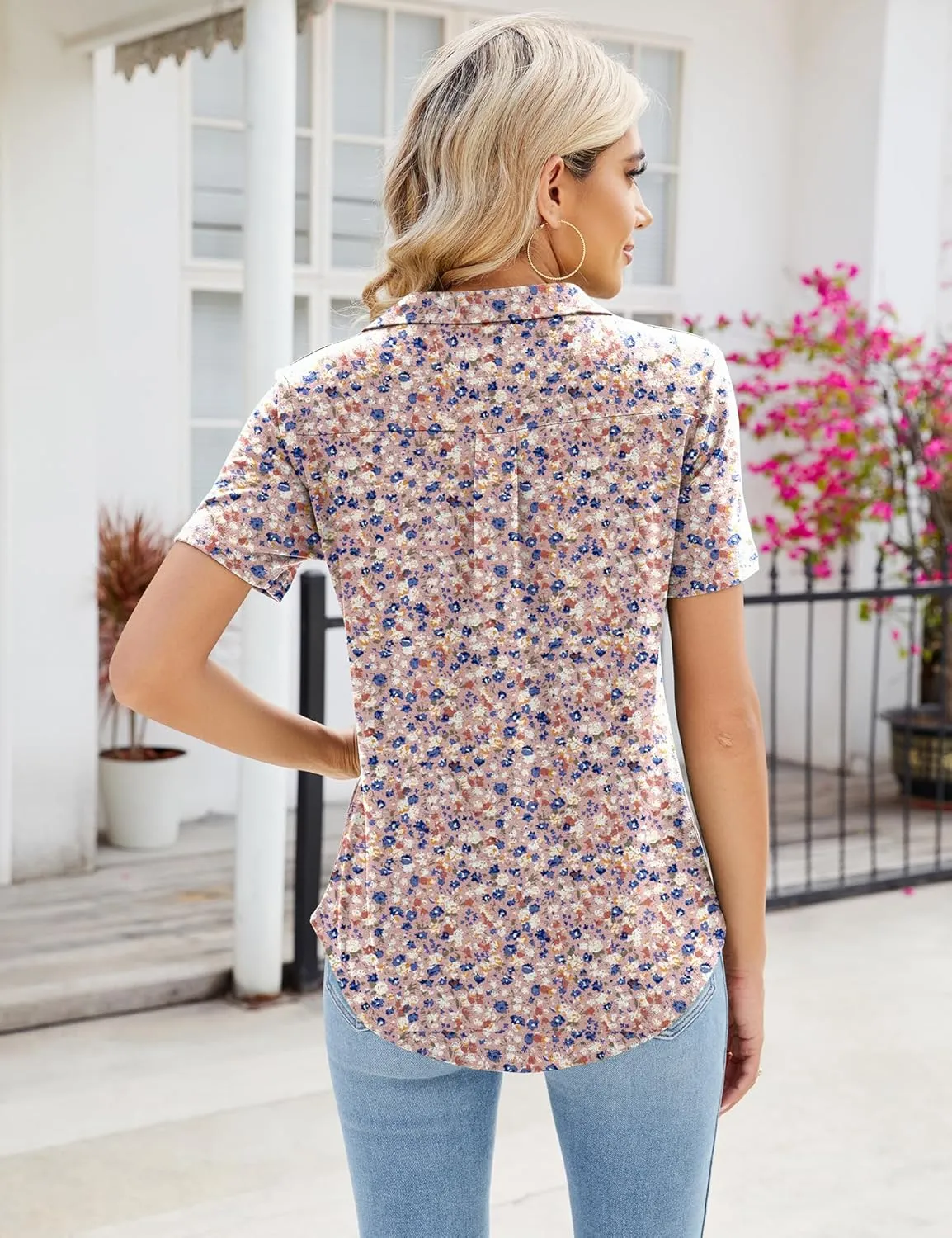 Women's Polo Shirts Short Sleeve V Neck Summer Business Casual Pleated Blouses Collared Tops