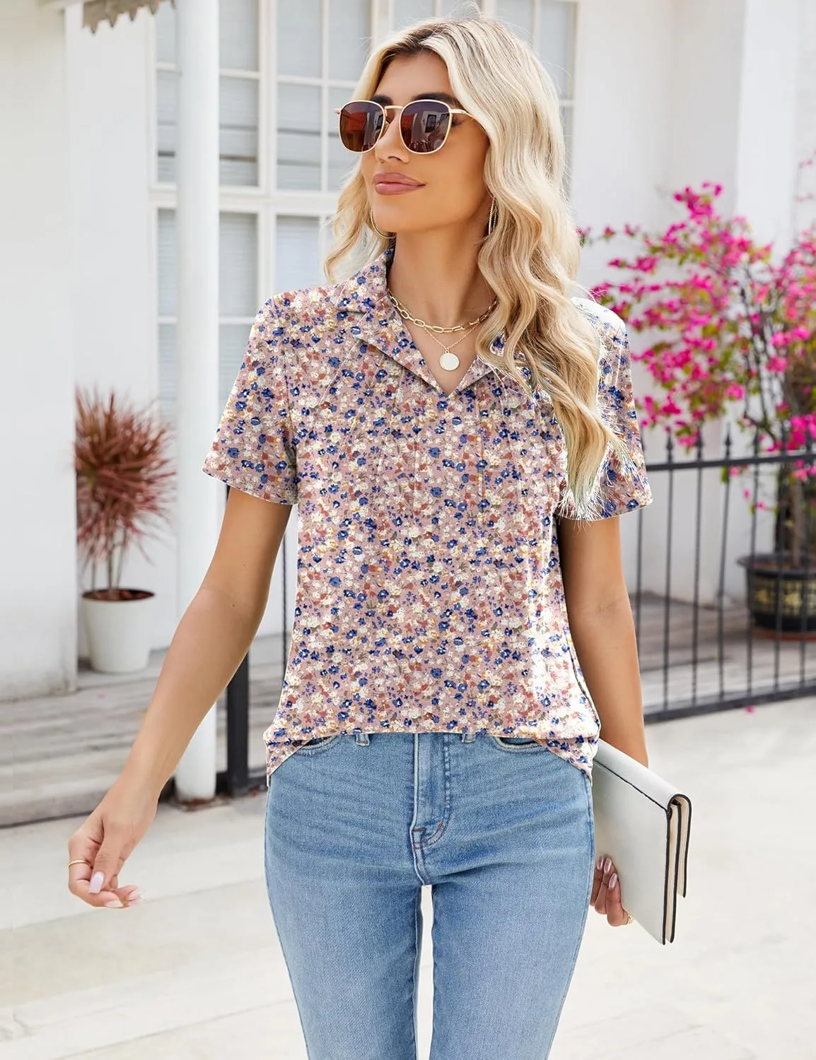 Women's Polo Shirts Short Sleeve V Neck Summer Business Casual Pleated Blouses Collared Tops
