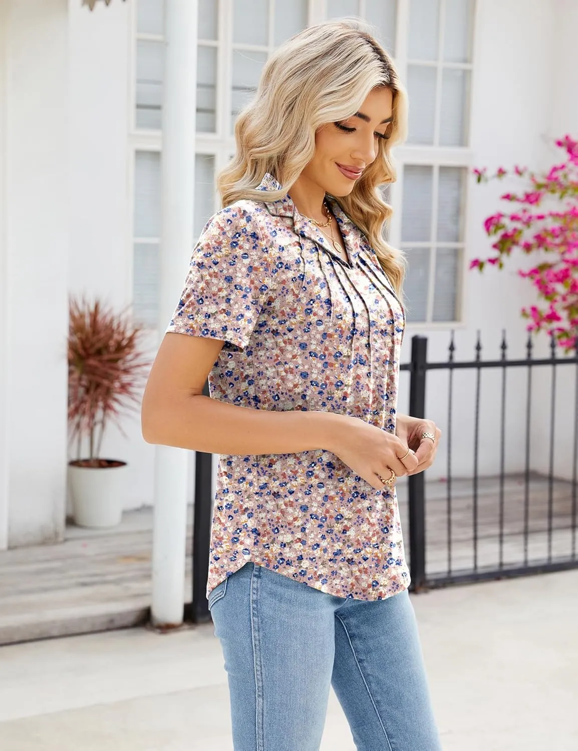 Women's Polo Shirts Short Sleeve V Neck Summer Business Casual Pleated Blouses Collared Tops
