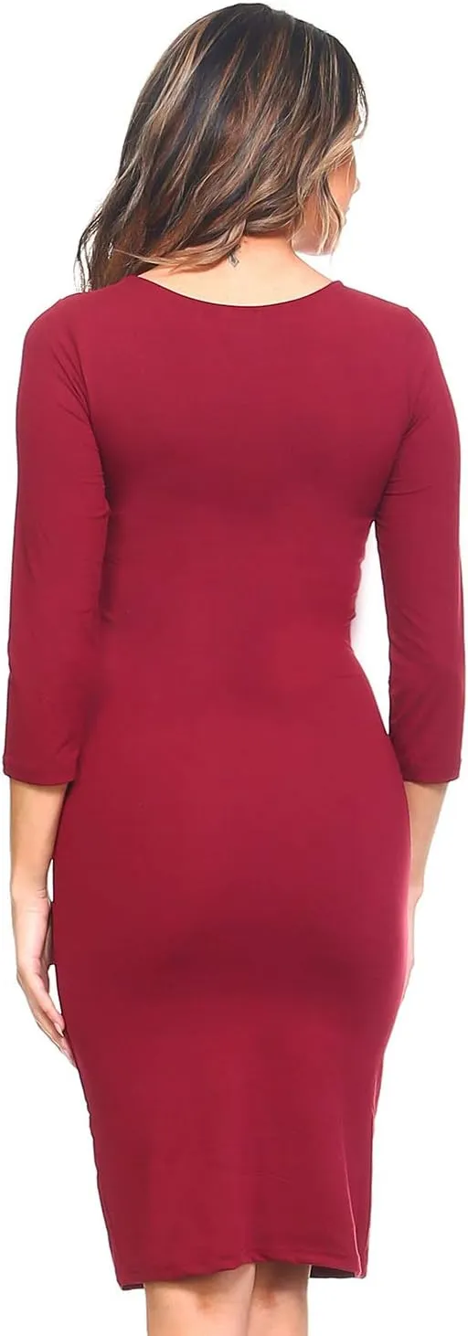 Women's Round Neck 3/4 Sleeve Midi Bodycon Fitted Midi Dress Casual Work