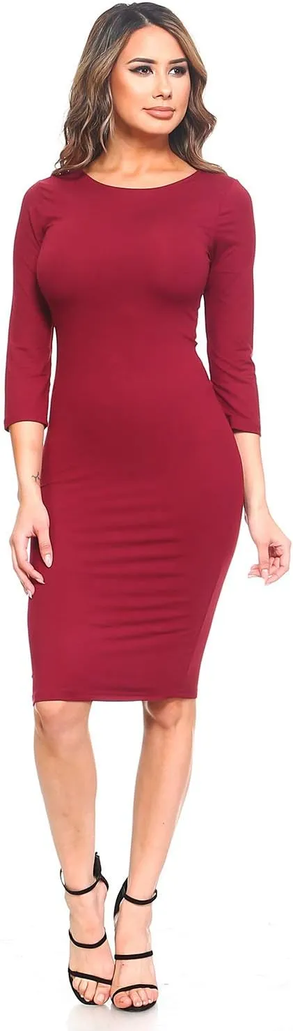 Women's Round Neck 3/4 Sleeve Midi Bodycon Fitted Midi Dress Casual Work