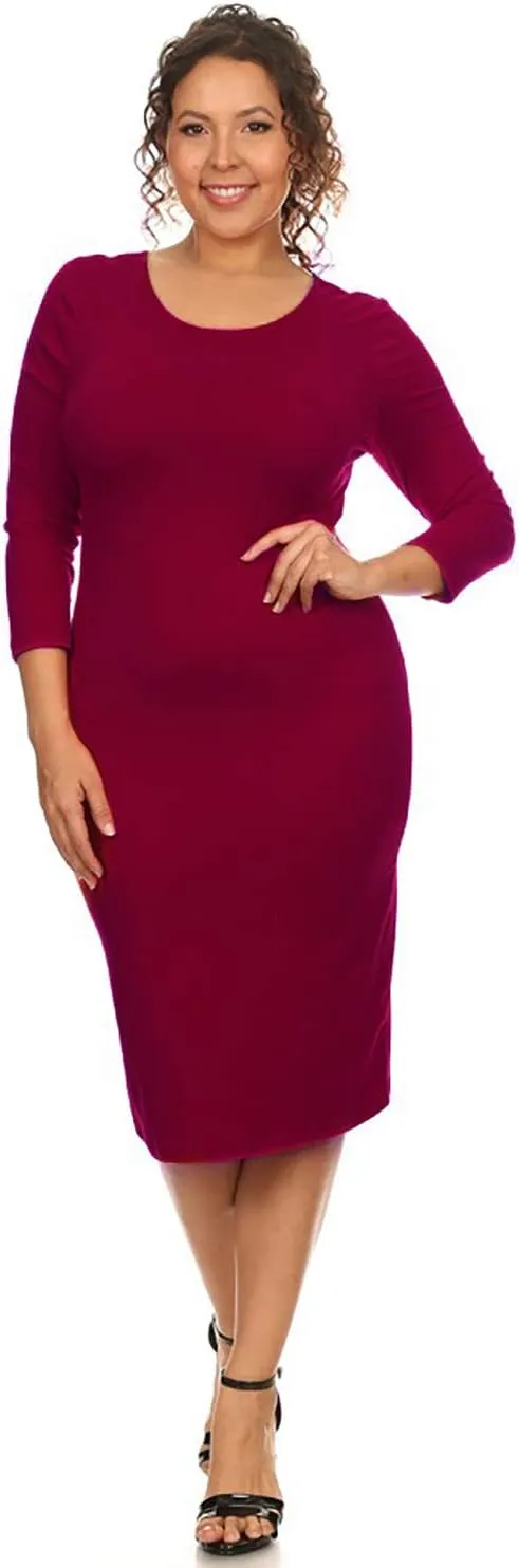 Women's Round Neck 3/4 Sleeve Midi Bodycon Fitted Midi Dress Casual Work