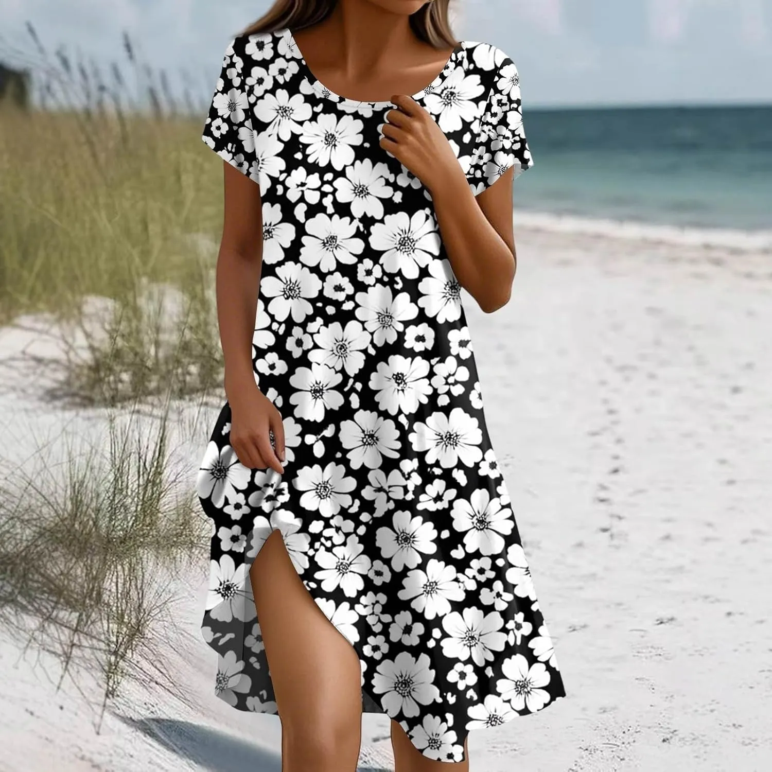 Women's Short Sleeve Summer Sundress with Pockets, Casual Loose Fit Floral Round Neck Knee Length Beach Dress