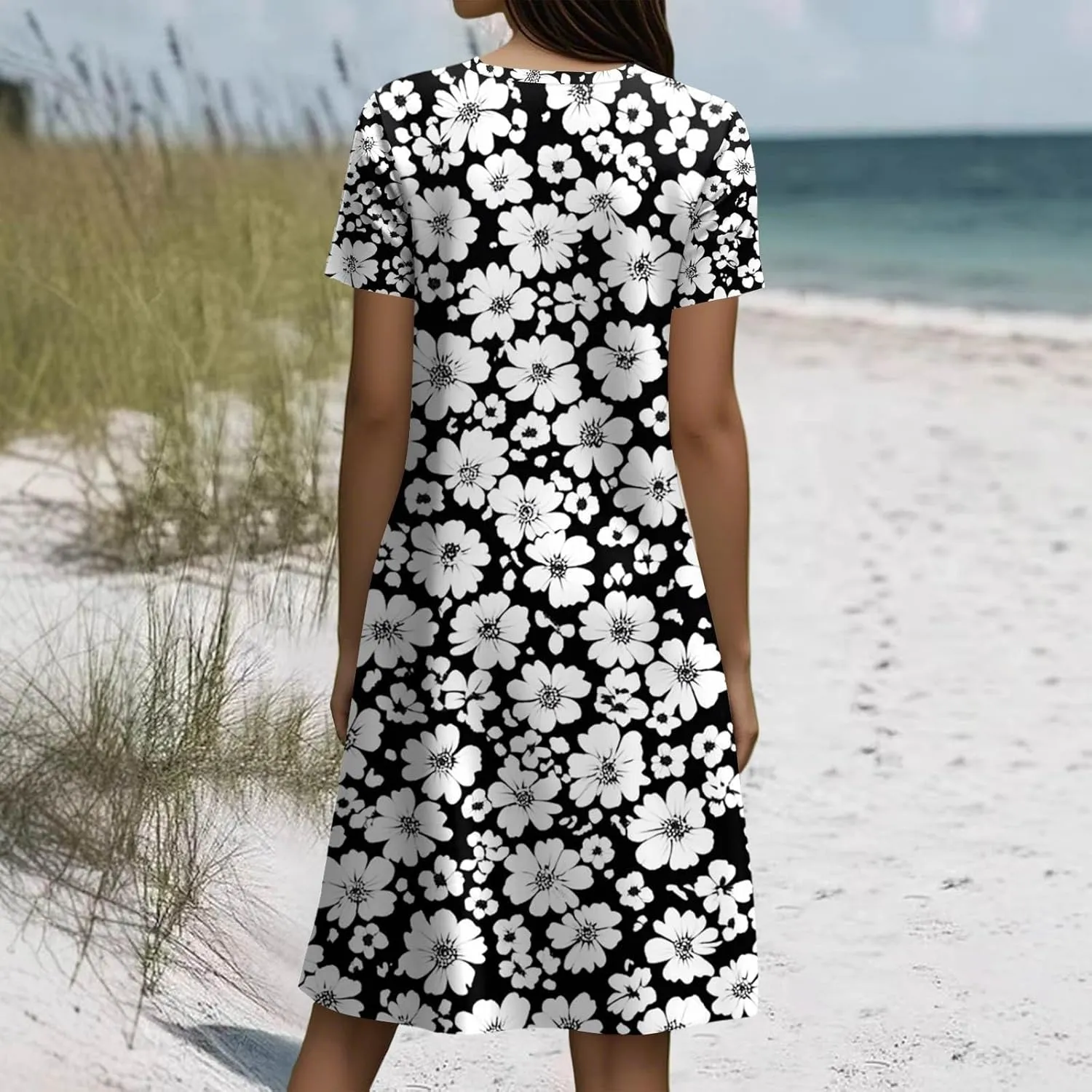 Women's Short Sleeve Summer Sundress with Pockets, Casual Loose Fit Floral Round Neck Knee Length Beach Dress