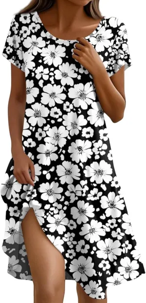 Women's Short Sleeve Summer Sundress with Pockets, Casual Loose Fit Floral Round Neck Knee Length Beach Dress