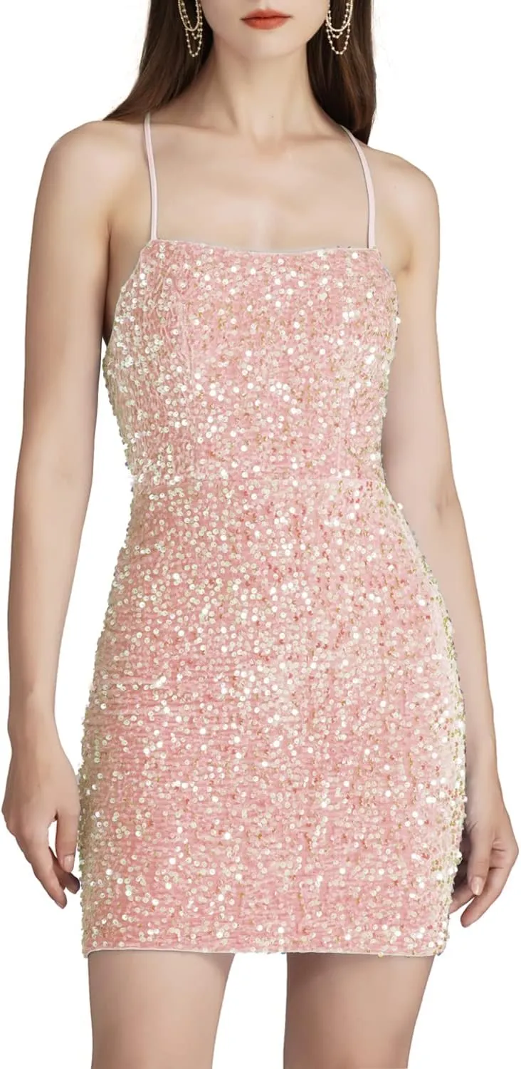 Women's Sparkly Velvet Sequins Scoop Neck Bodycon Mini Homecoming Dress Short Pom Dresses