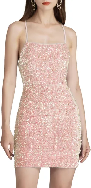 Women's Sparkly Velvet Sequins Scoop Neck Bodycon Mini Homecoming Dress Short Pom Dresses