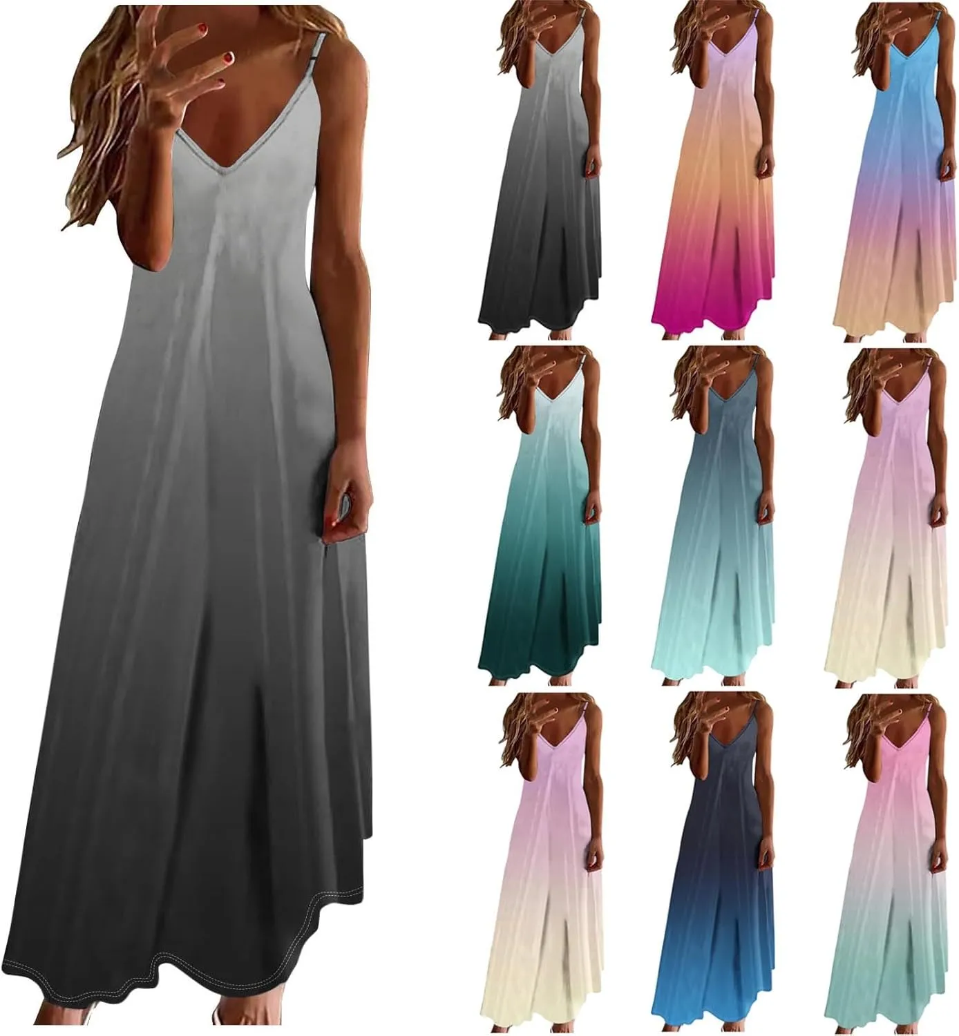 Women's Summer Casual Spaghetti Strap Dress V Neck Boho Loose Maxi Sundresses Gradient Sleeveless Beach Long Dresses