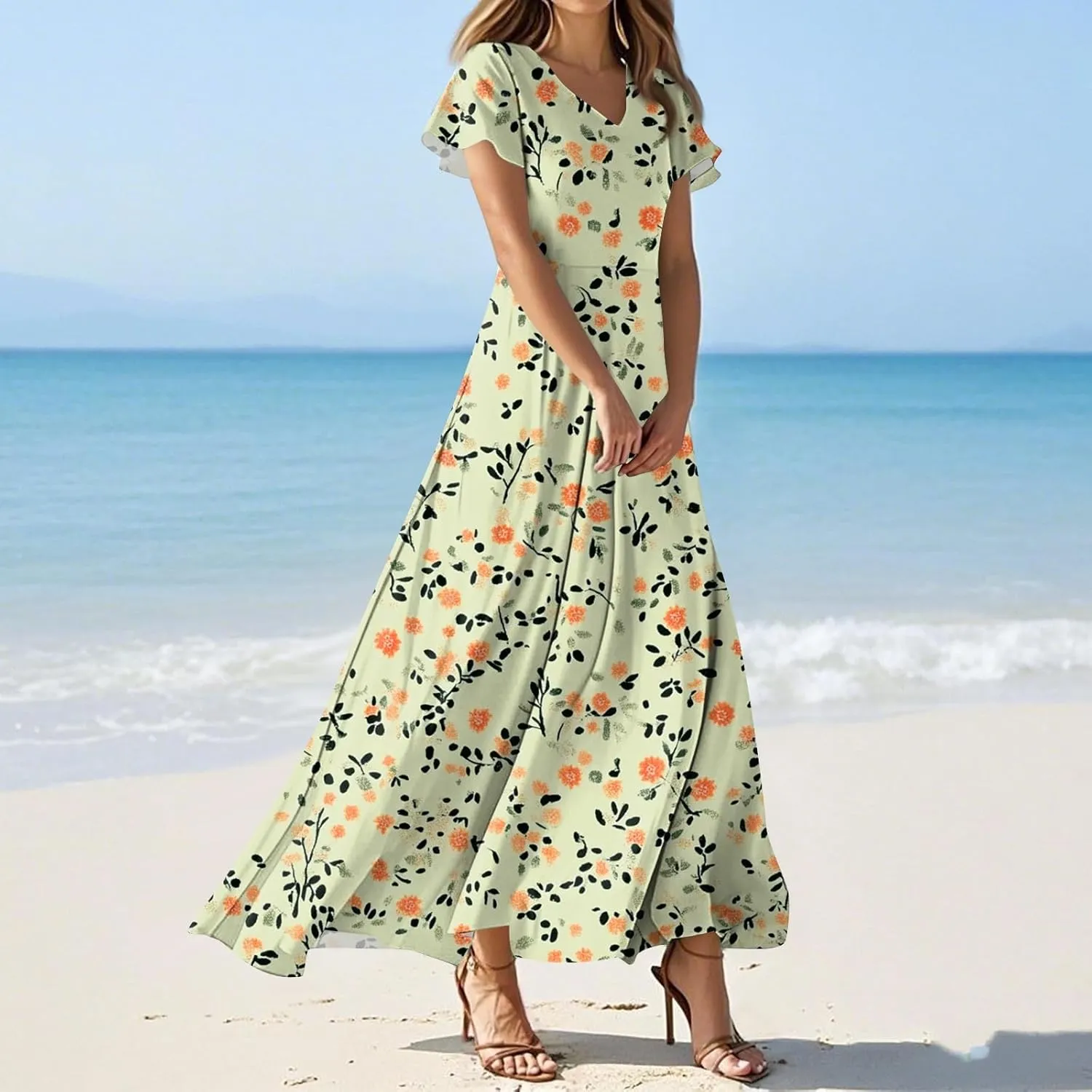 Women's Summer Dress 2025 Short Sleeve V-Neck Boho Floral Printed Flowy Swing Sundress Wedding Guest Dresses