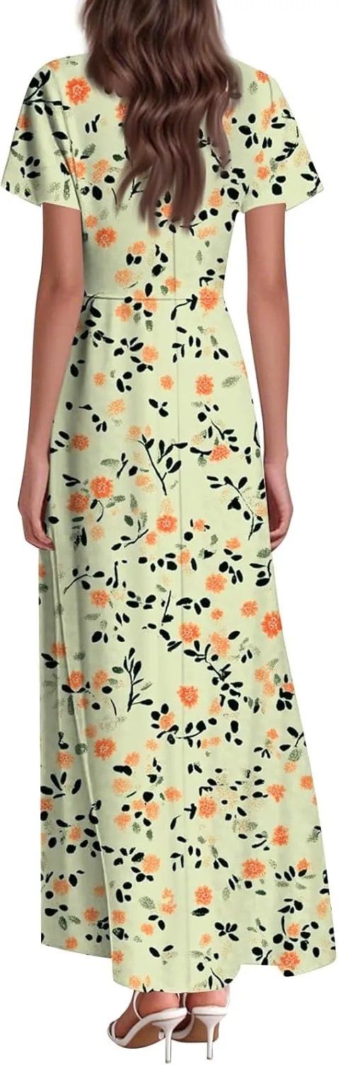 Women's Summer Dress 2025 Short Sleeve V-Neck Boho Floral Printed Flowy Swing Sundress Wedding Guest Dresses