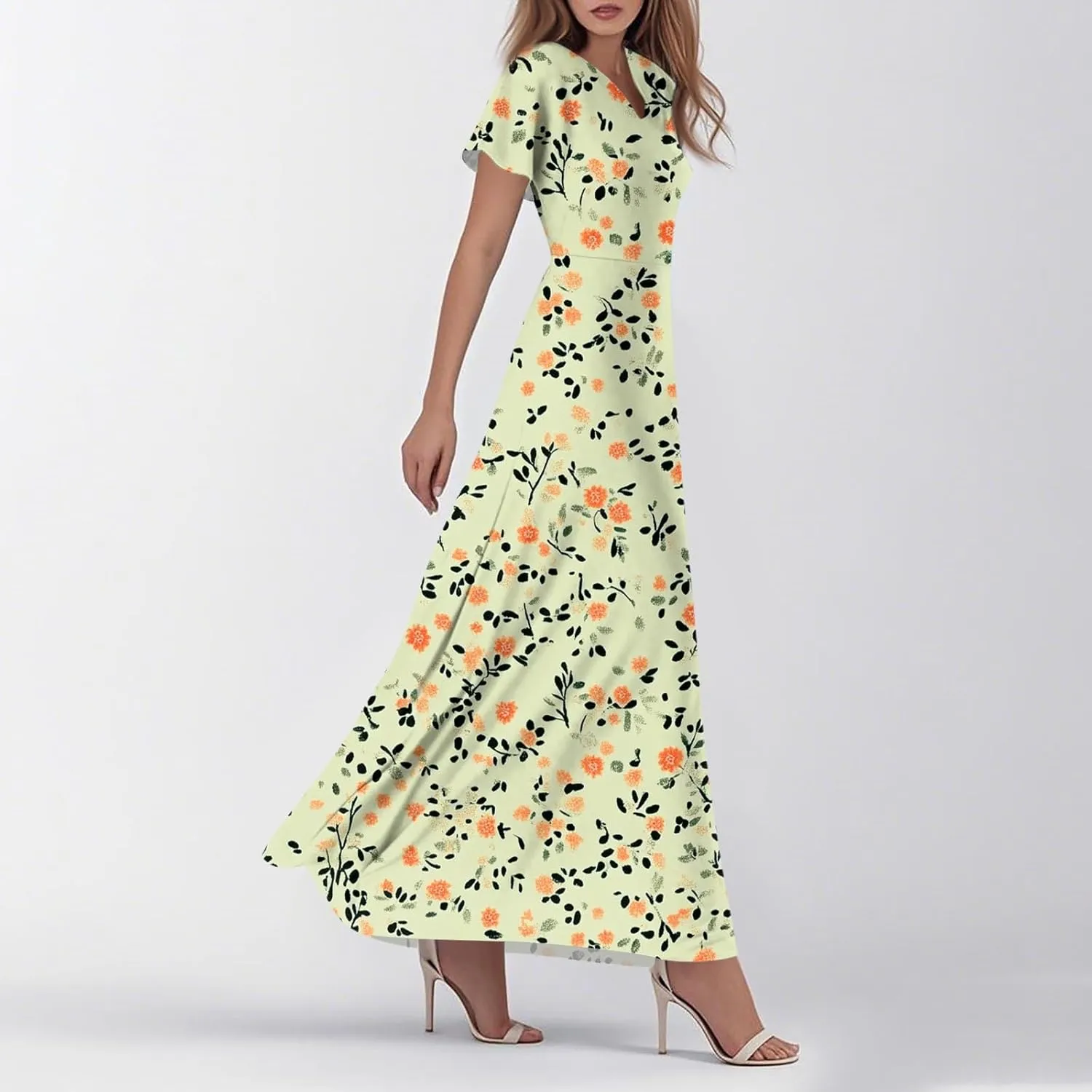 Women's Summer Dress 2025 Short Sleeve V-Neck Boho Floral Printed Flowy Swing Sundress Wedding Guest Dresses