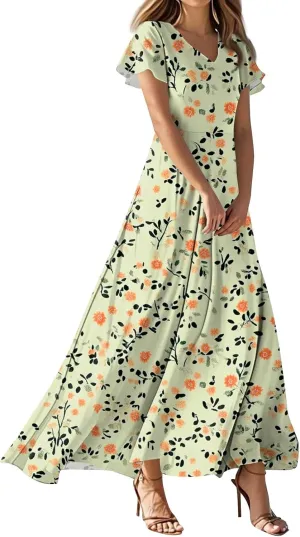 Women's Summer Dress 2025 Short Sleeve V-Neck Boho Floral Printed Flowy Swing Sundress Wedding Guest Dresses