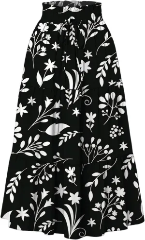 Women's Sundresses Boho Floral Skirt Casual Elastic High Waist Maxi Skirts Flowy A Line Beach Long Skirt, S-2XL