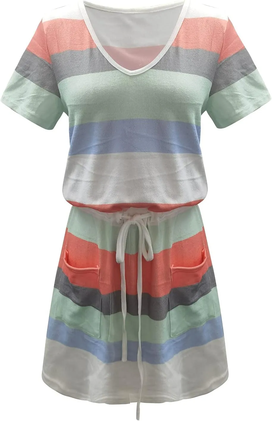 Women's V Neck Summer Dresses Striped Casual Hide Belly Mini Dress Drawstring Waist Short Dresses with Pockets