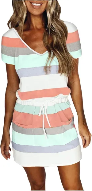 Women's V Neck Summer Dresses Striped Casual Hide Belly Mini Dress Drawstring Waist Short Dresses with Pockets