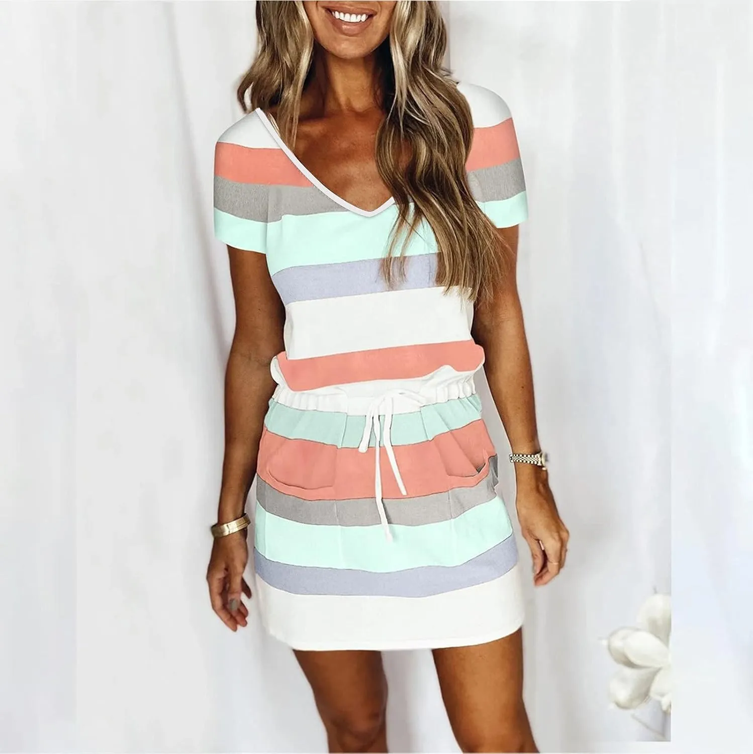 Women's V Neck Summer Dresses Striped Casual Hide Belly Mini Dress Drawstring Waist Short Dresses with Pockets