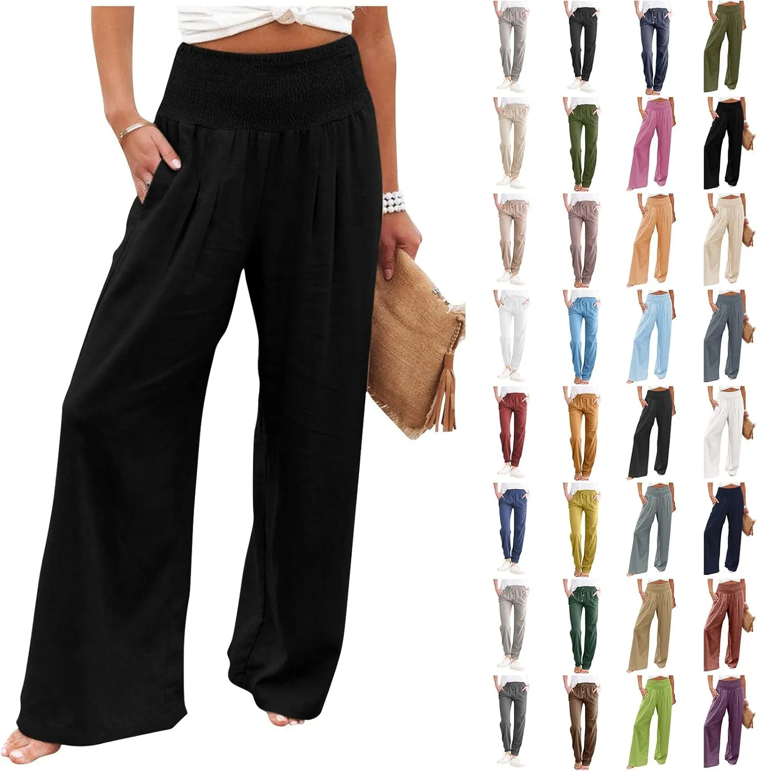 YUTANRAL Linen Pants for Women Summer High Waist Stretch Drawstring Wide Leg Pants Fashion Casual Palazzo Pants with Pockets