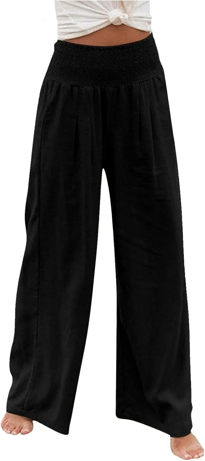 YUTANRAL Linen Pants for Women Summer High Waist Stretch Drawstring Wide Leg Pants Fashion Casual Palazzo Pants with Pockets