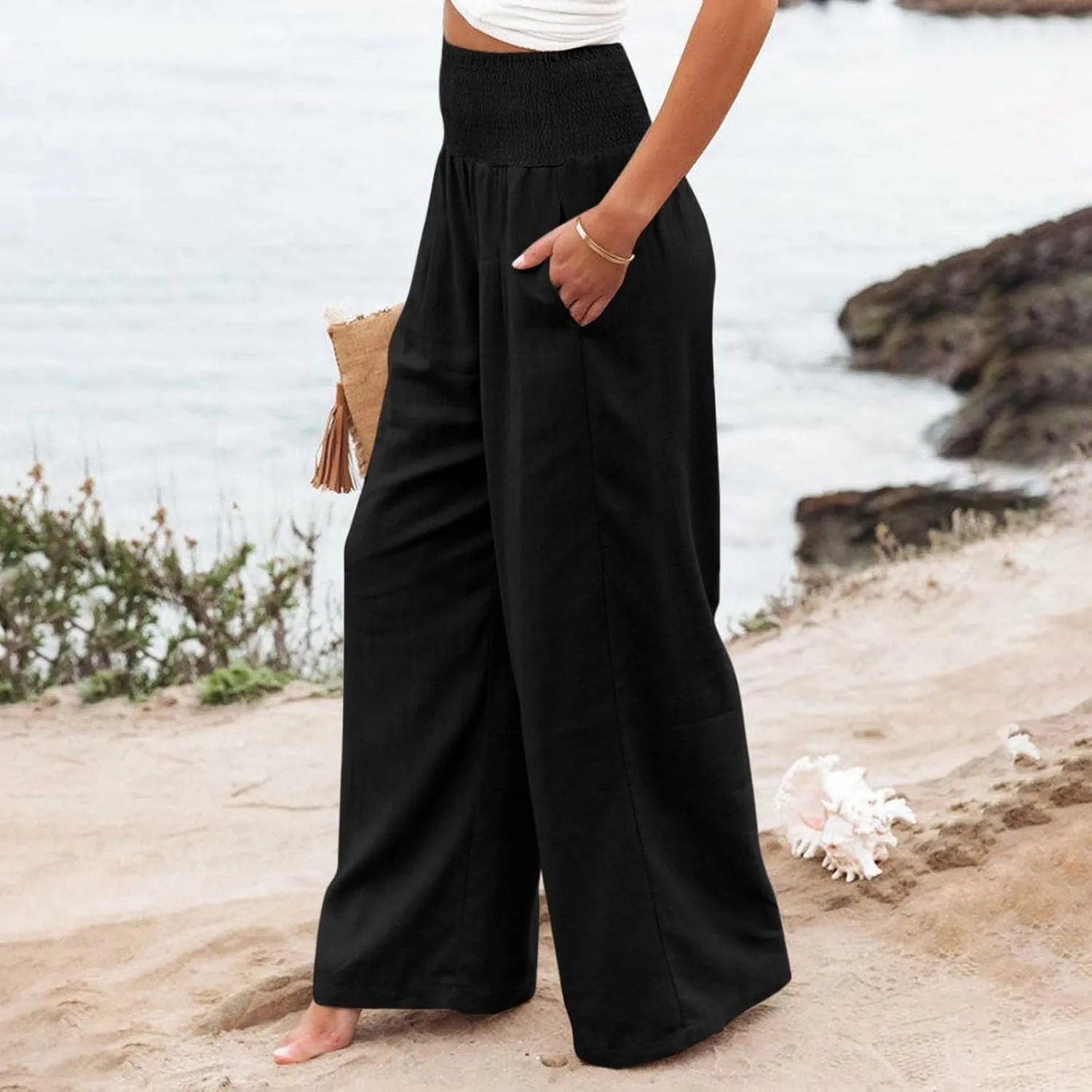 YUTANRAL Linen Pants for Women Summer High Waist Stretch Drawstring Wide Leg Pants Fashion Casual Palazzo Pants with Pockets