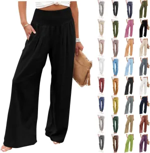 YUTANRAL Linen Pants for Women Summer High Waist Stretch Drawstring Wide Leg Pants Fashion Casual Palazzo Pants with Pockets