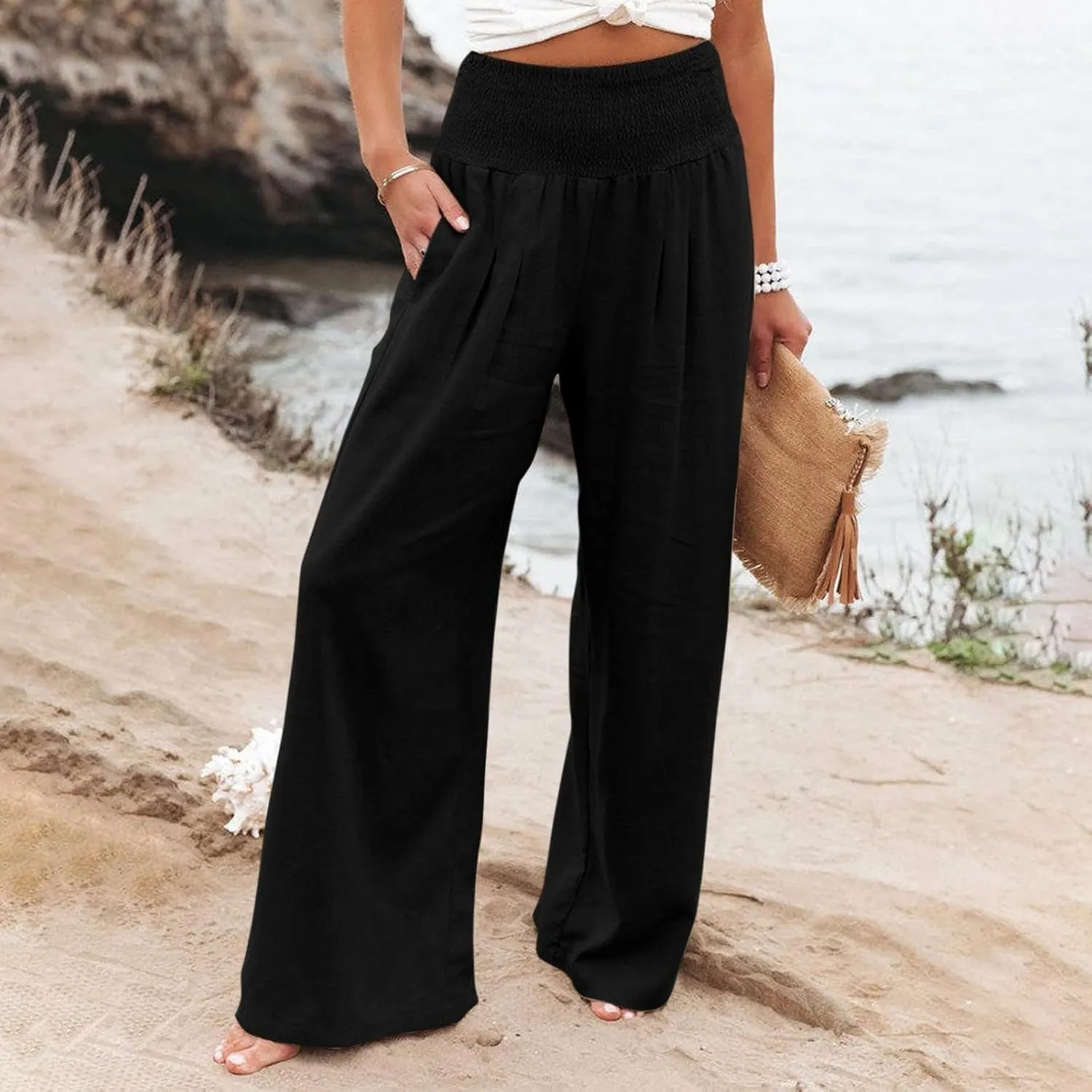 YUTANRAL Linen Pants for Women Summer High Waist Stretch Drawstring Wide Leg Pants Fashion Casual Palazzo Pants with Pockets