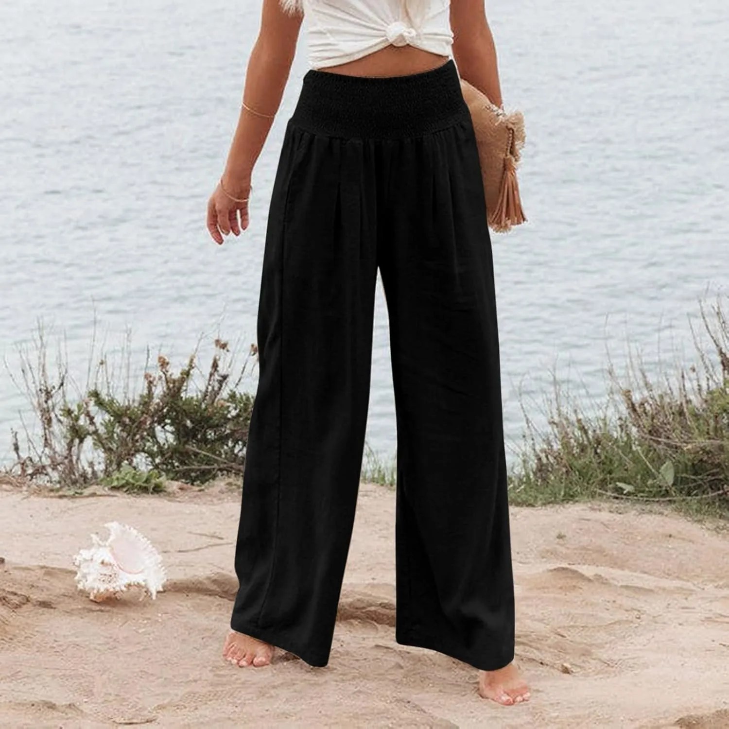YUTANRAL Linen Pants for Women Summer High Waist Stretch Drawstring Wide Leg Pants Fashion Casual Palazzo Pants with Pockets