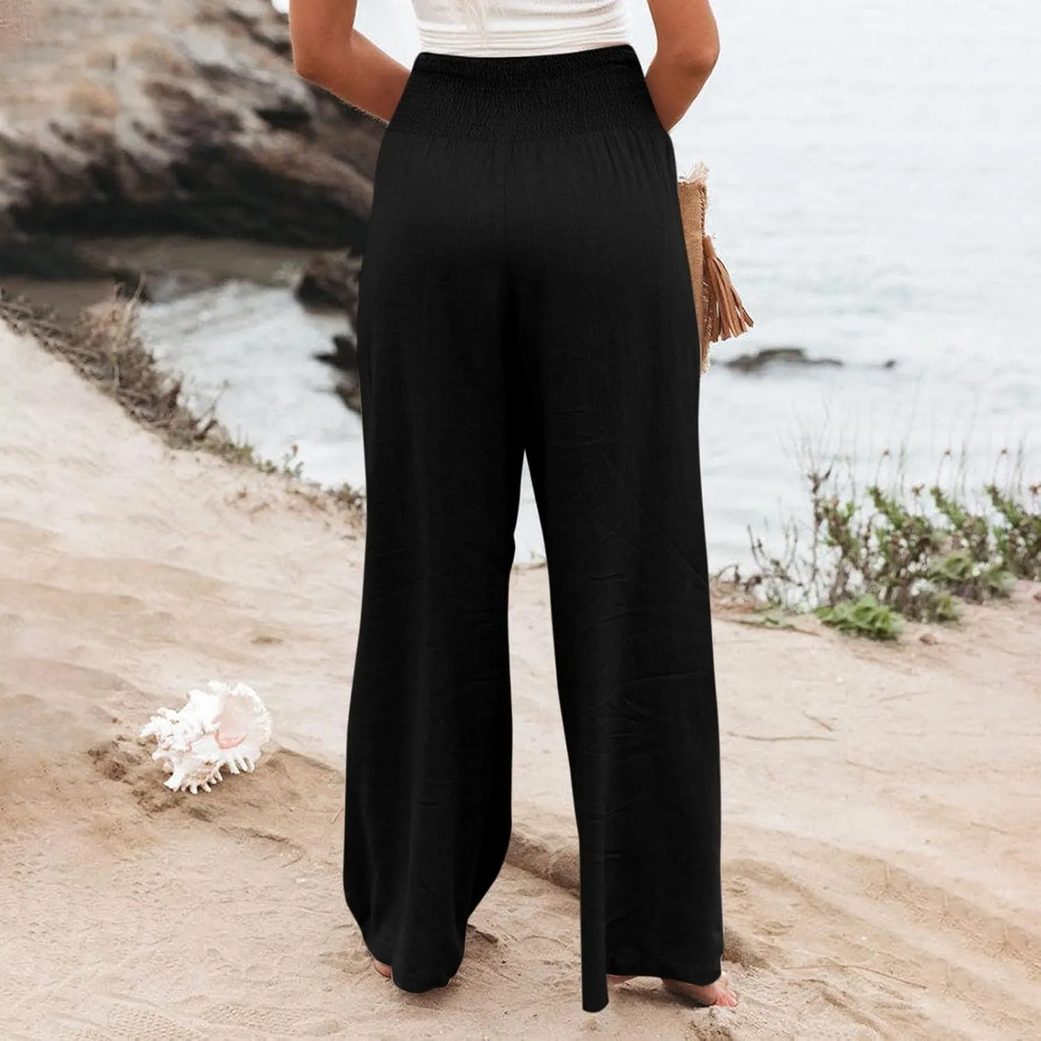YUTANRAL Linen Pants for Women Summer High Waist Stretch Drawstring Wide Leg Pants Fashion Casual Palazzo Pants with Pockets