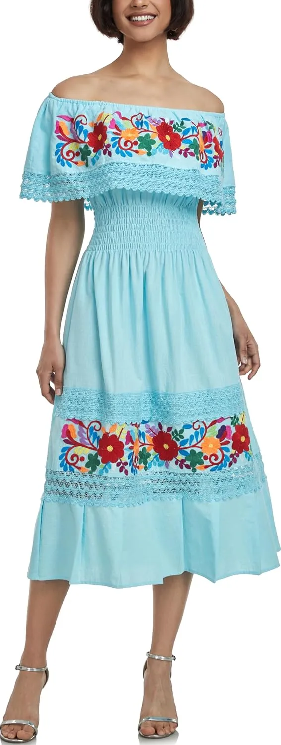 YZXDORWJ Women Embroidered Mexican Present Casual Sexy Lace Off-Shoulder Long Dress